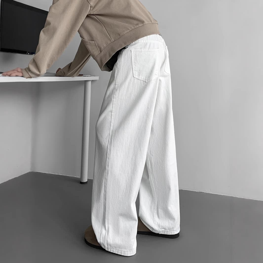 White Jeans for Men Spring Autumn Trendy Loose Casual Versatile American Retro Floor-Length Wide-Leg Straight Pants