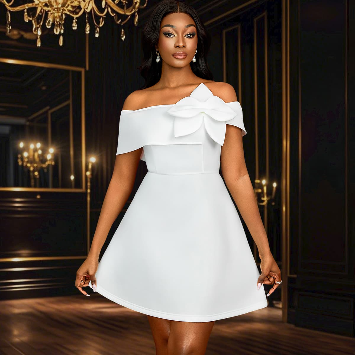 Cross-border independent station fashionable one-shoulder A-line dress three-dimensional flower sexy dress banquet party dress Dress
