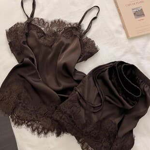 Ice Silk Stretch Satin Camisole and Shorts Pajama Set with Built-in Pads, Lace Trim, Sexy Loungewear for Women, Summer, Brown