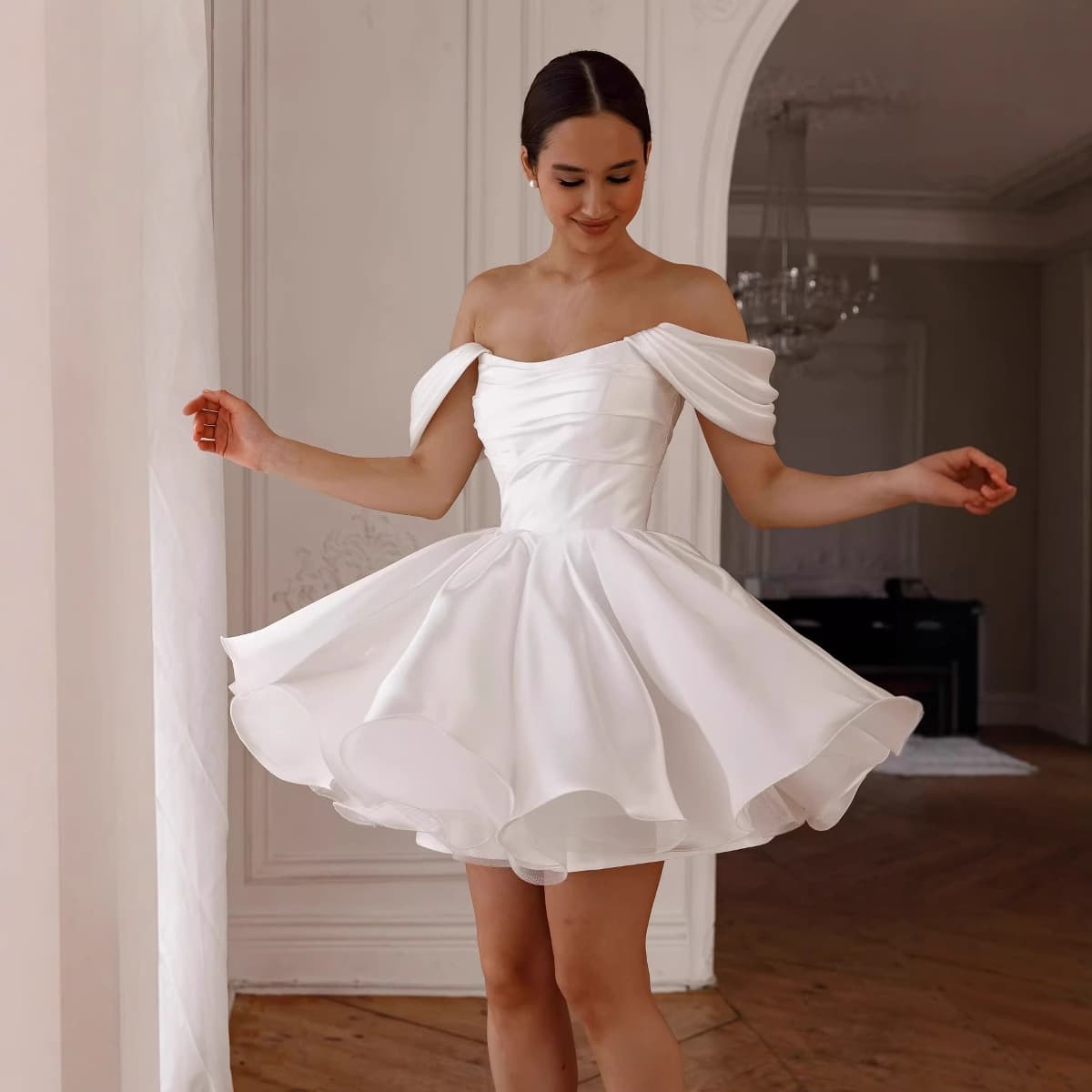 French White Off-Shoulder Light Wedding Dress for Banquet, Registration, Certificate, Birthday Party, Short Evening Gown