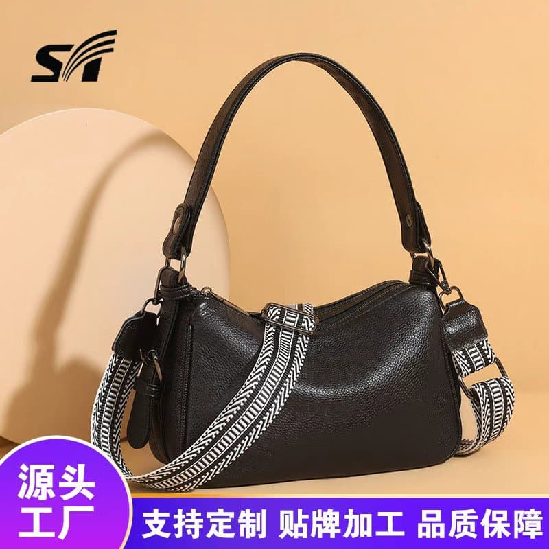 Genuine Leather Vintage Crossbody Boston Bag Double Zipper Handbag Shoulder Bag for Women Versatile Simple Large Capacity