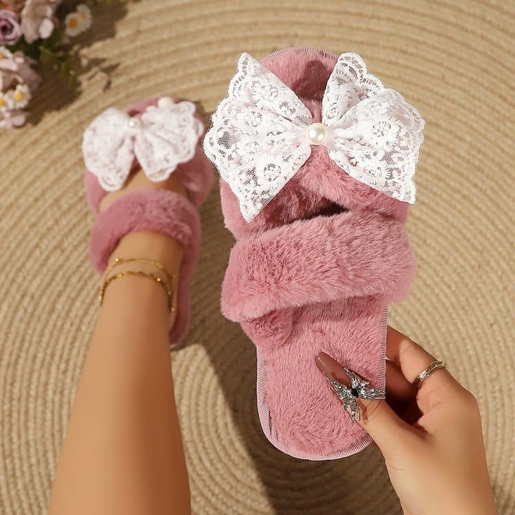 Cross-Border Trade Fuzzy Cotton Slippers with Pearl Bow, New Autumn/Winter Women's Flat Open-Toe Plush Home Slippers