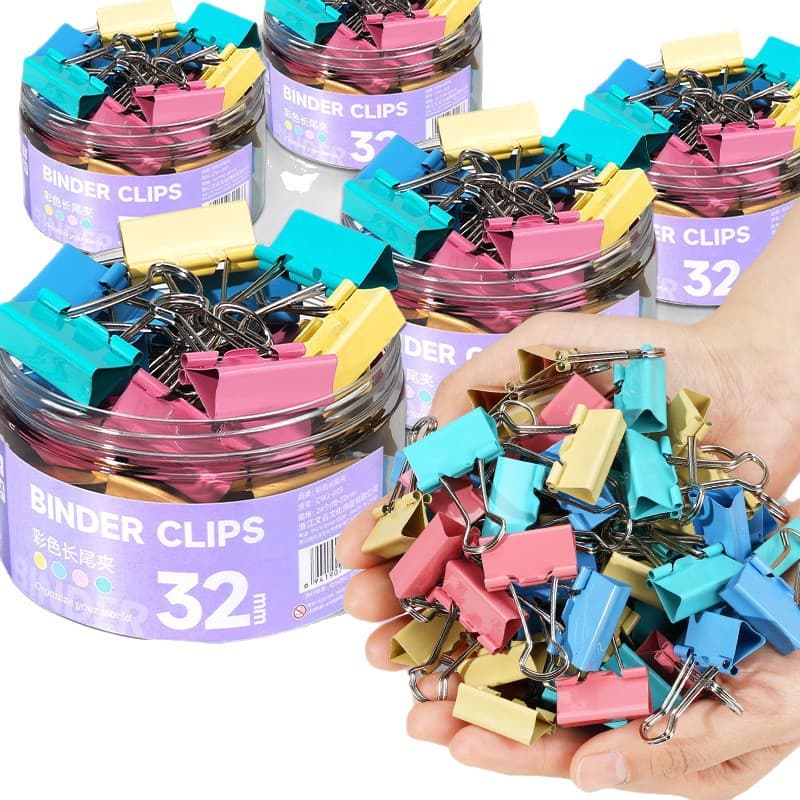 Box of Colored and Black Long Tail Clips, Binder Clips, Document Clips, Office Stationery Metal Clips