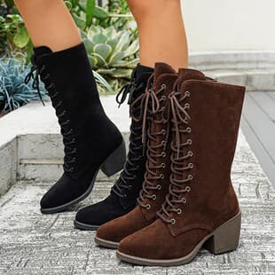 Plus Size Autumn Winter High-Top Riding Boots, Velvet Lace-Up Pointed Toe Chunky Heel Women's Boots, European and American Cross-Border Wholesale