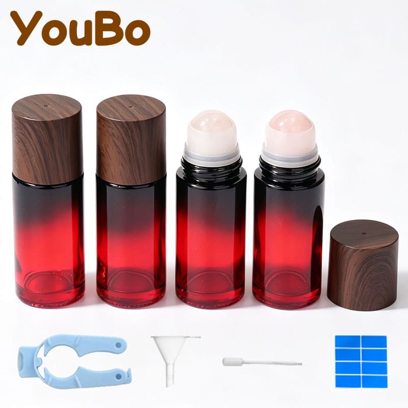 50ml Wood Grain Cap Straight Round Gradient Glass Roller Bottle, Pink Crystal Roller Ball, Essential Oil Roller Bottle, Pain Relief Roller, Deodorant Bottle