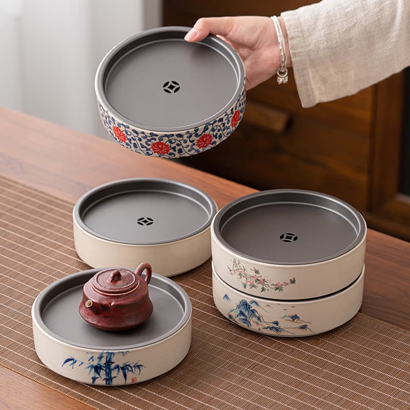 Tea tray/cup, ceramic blue and white floral pattern, water-storing Kung Fu tea set, tray/pot, water tray/dry brewing table