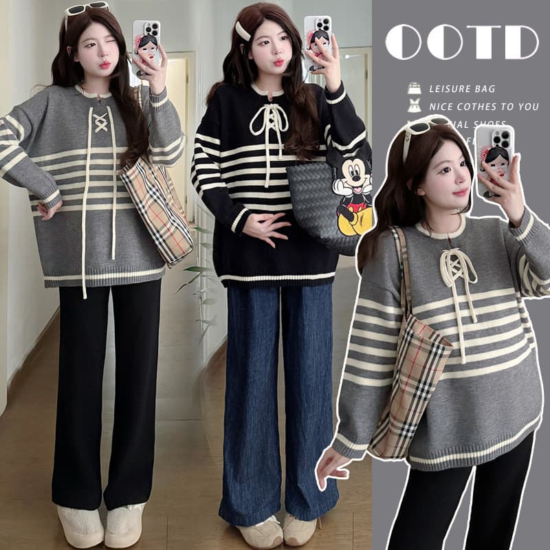 Real Shot Trendy Internet-Famous Maternity Wear Autumn Winter Korean Style Loose Casual Versatile Striped Knit Top Pregnant Mom Sweater