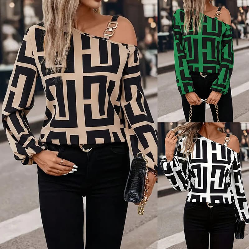 Cross-Border Export Women's Clothing Amazon 2025 Spring & Fall Fashion Geometric Print Versatile Long-Sleeved One-Line Collar Pullover Top