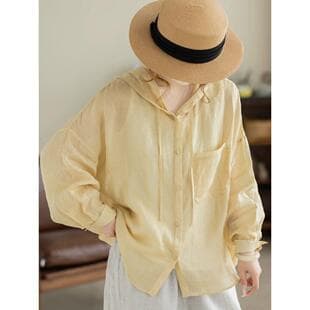 Cotton-Linen Hooded Sun Protection Cardigan for Women Summer Loose Shirt Versatile Slimming Lightweight Breathable Women's Jacket Long Sleeve