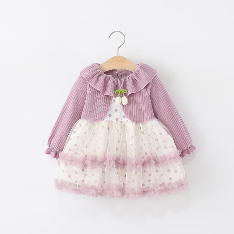 Children's Dress for Girls Spring Autumn Toddler Baby Girl Fake Two-Piece Tulip Polka Dot Tulle Princess Dress