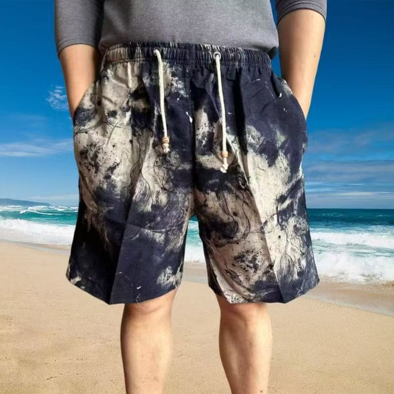 Summer Men's Cotton-Linen Floral Shorts Trendy Hemp Beach Shorts Drifting Casual Ethnic Style Versatile Mid-Length Pants
