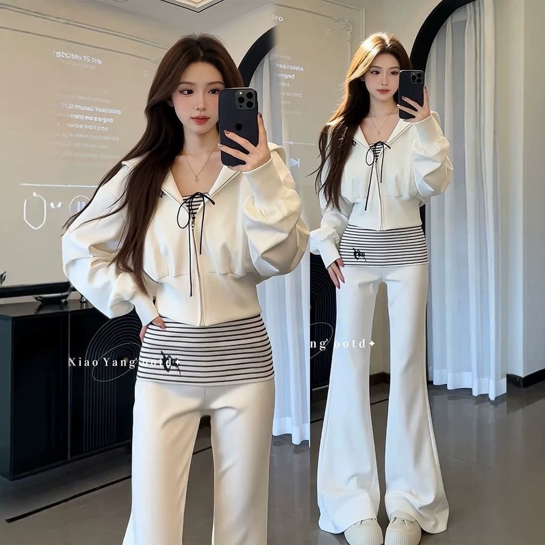 In Stock 2026 Spring New Korean Casual Hoodie Jacket Striped Crop Top High Waist Flared Pants Three-Piece Set