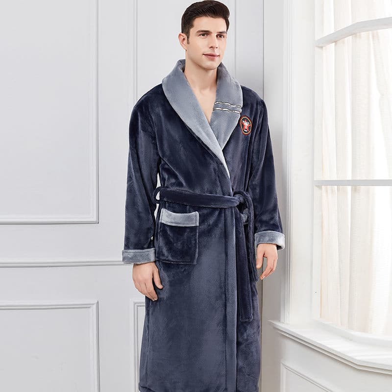 Men's Coral Fleece Bathrobe, Autumn/Winter Long-Sleeve Indoor Homewear, Thickened and Warm Flannel Robe
