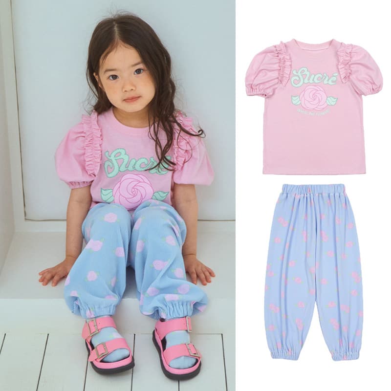 Children's Boys and Girls Set 2026 Summer New Arrival bebebe Kids Casual Full-Print Floral Short Sleeve Top and Long Pants Set