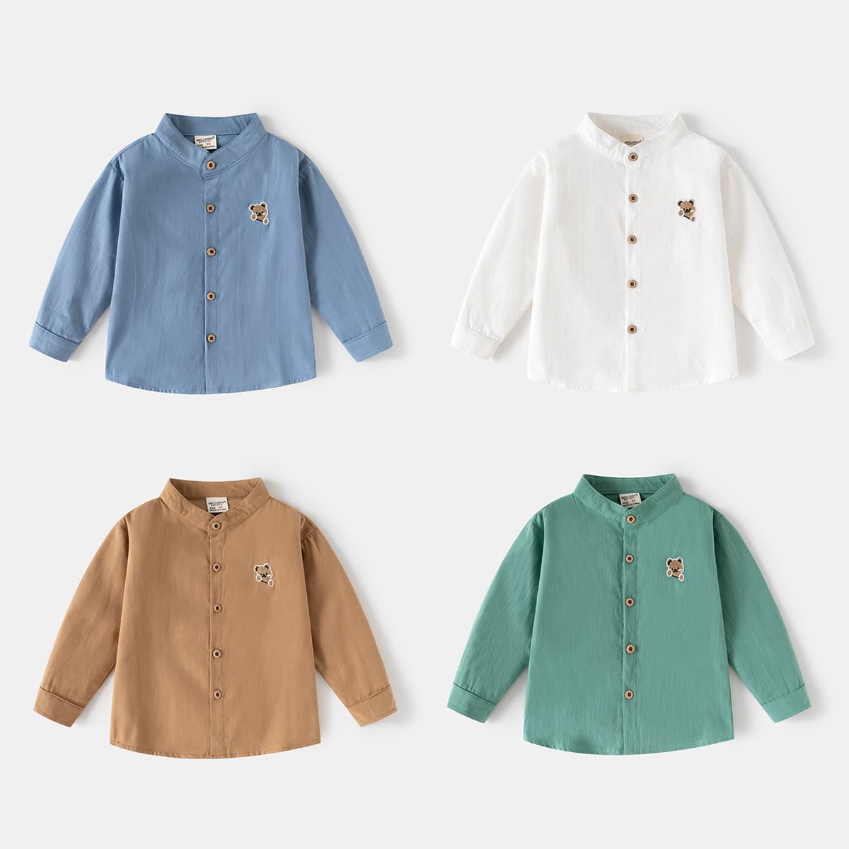 Children's long-sleeved shirt, 2025 autumn new style, boys' stand-up collar solid color shirt, baby top, trendy children's clothing wholesale.