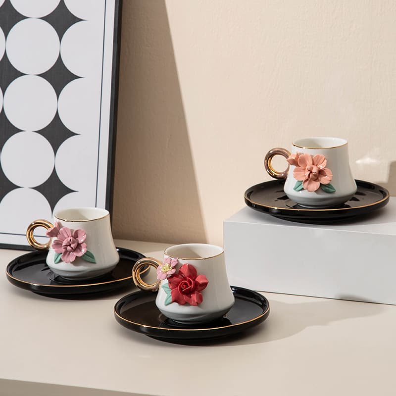 Creative ceramic hand-kneaded flower coffee cup and saucer household ceramic coffee cup afternoon tea coffee cup espresso cup and saucer