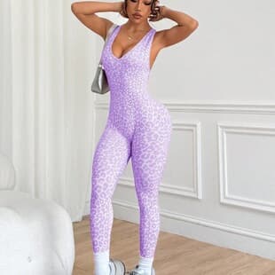 Seamless Leopard Print Yoga Bodysuit Print Cross Sexy Back Bodysuit Yoga Wear Women Fitness Sportswear Set