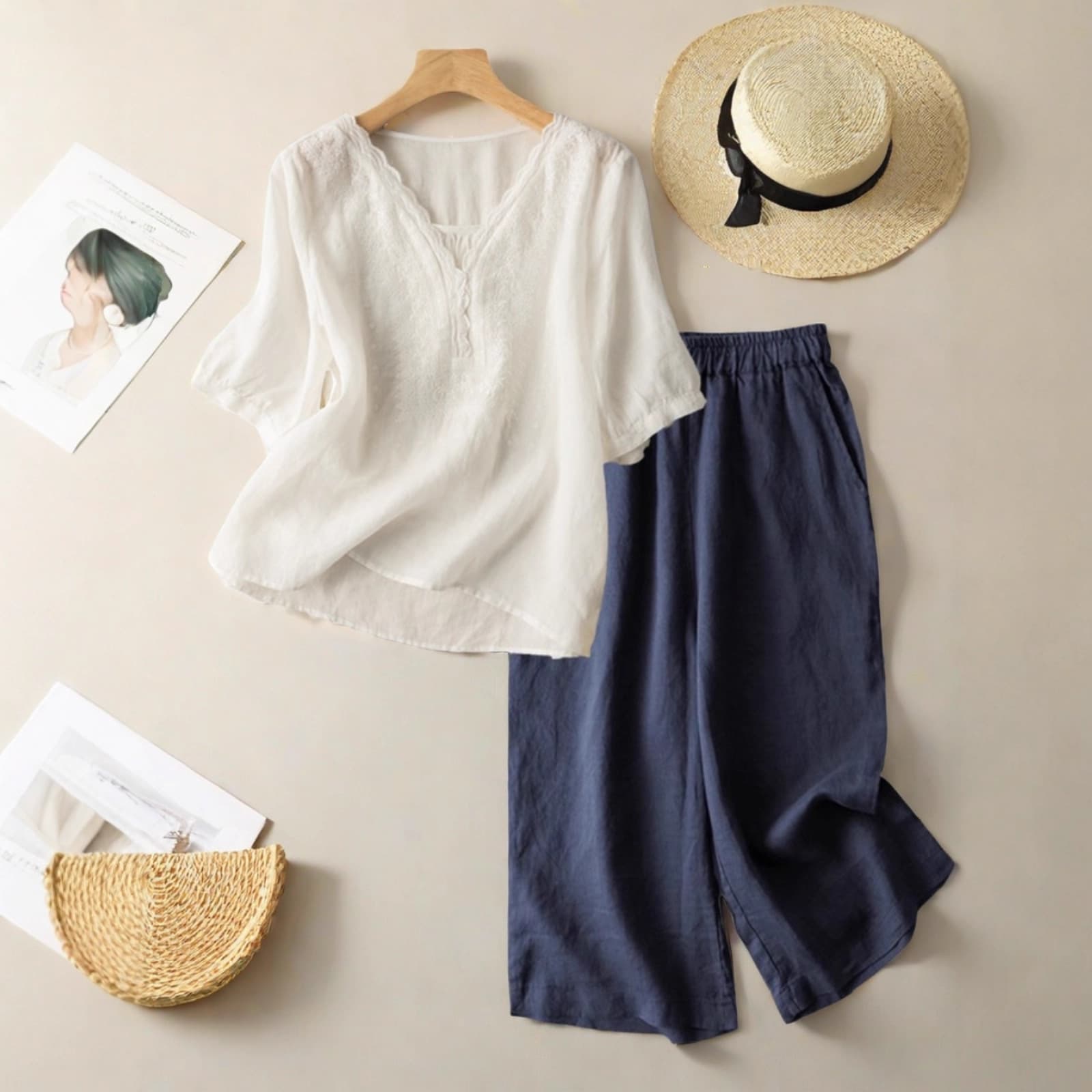 2025 Cotton Linen Set Women Summer Plus Size 2025 New Linen Age-Reducing Complete Outfit Top Two-Piece Set