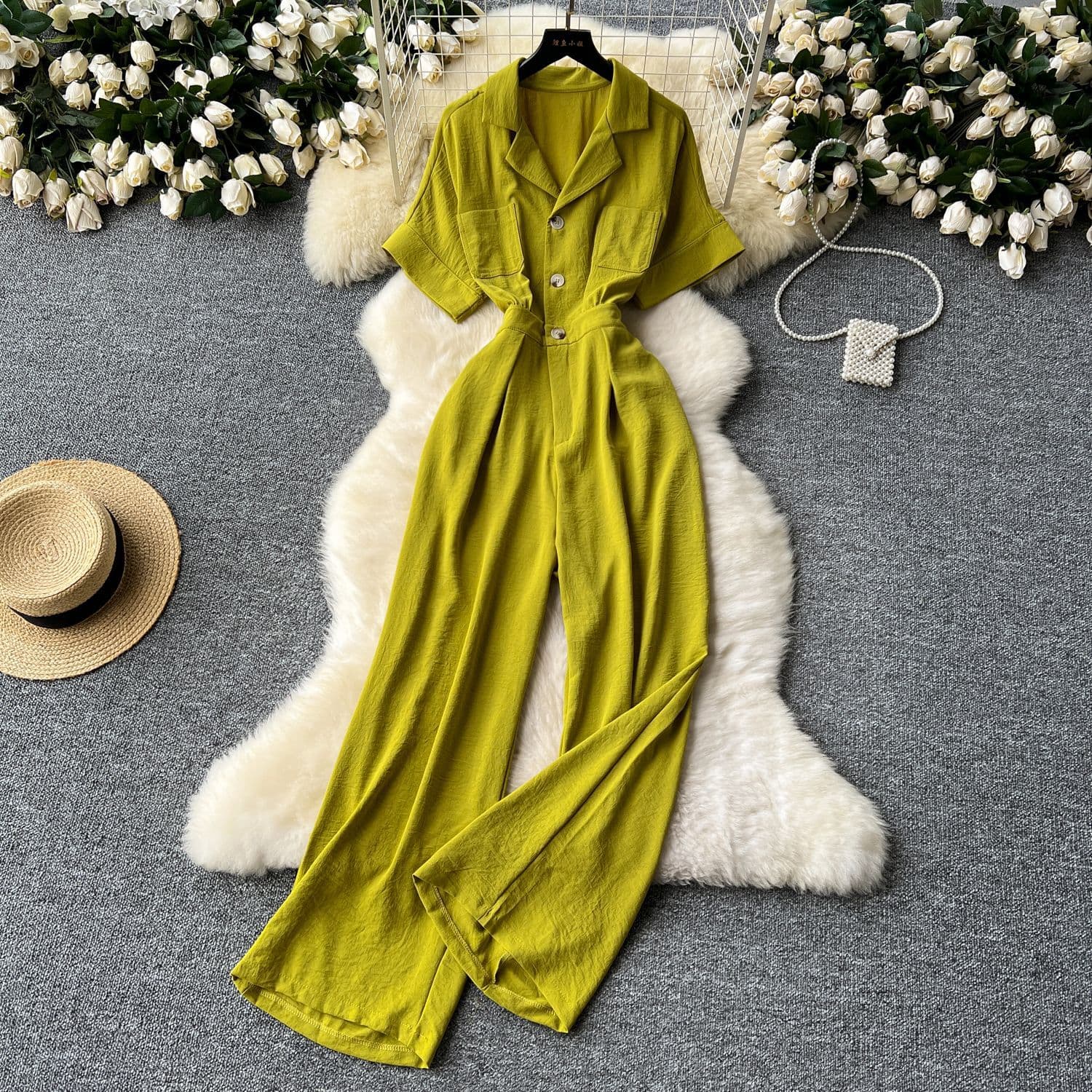Summer women's new jumpsuit chic niche light mature style suit collar single-breasted short-sleeved high-waisted casual jumpsuit