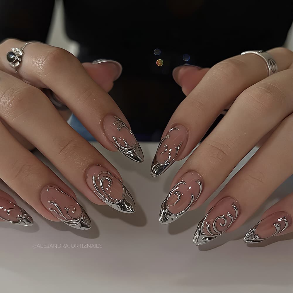 Cross-Border Hot-Selling Silver French Silver Vine Stripe Nail Tips Wearable Nails 24 Pieces Almond Nail Tips