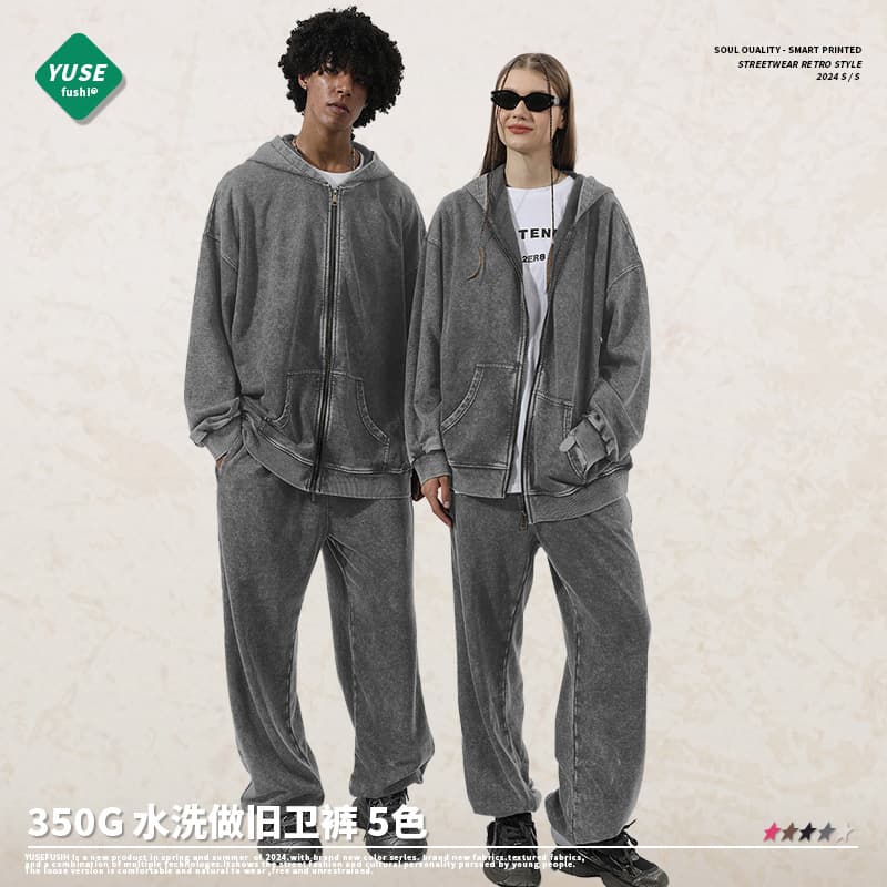350G Heavyweight Washed Distressed Sweatpants Streetwear Loose Straight Leg Pants European American Retro Plus Size Casual Mid-Rise Trousers