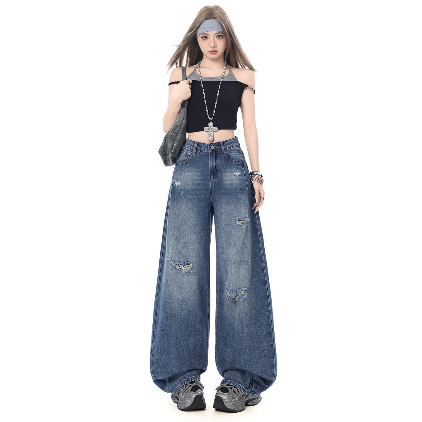 Washed Distressed Wide-Leg Jeans for Women Spring/Summer 2026 New American High Street Slimming Plus Size Loose Straight Long Pants