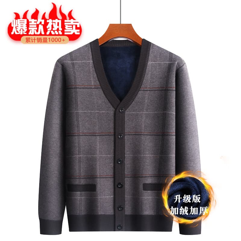 Middle-Aged and Elderly Dad Autumn and Winter Sweater Elderly Men's Wear Cardigan Fleece-Lined Warm Jacket Grandpa Casual Knitwear