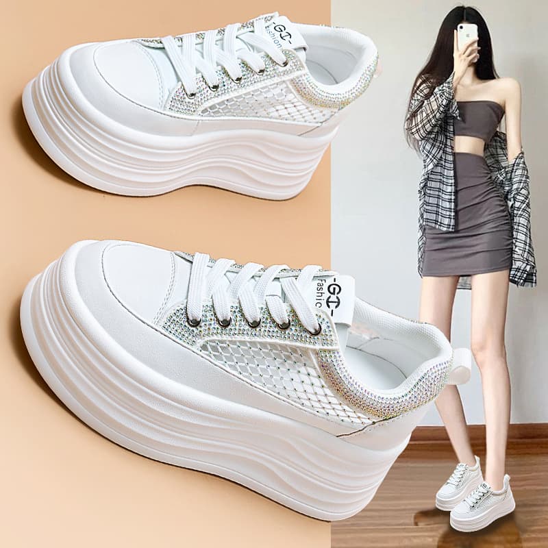 Thick-soled 8cm higher rhinestone white shoes for women 2026 new breathable mesh shoes for women versatile flat-soled sneakers