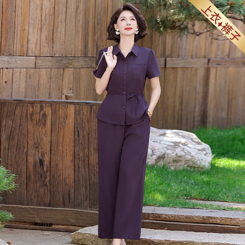 Fashionable Two-Piece Short Sleeve Set for Middle-Aged Women, New Style 45 Years Old, Elegant Blouse Collar Short Sleeve Suit