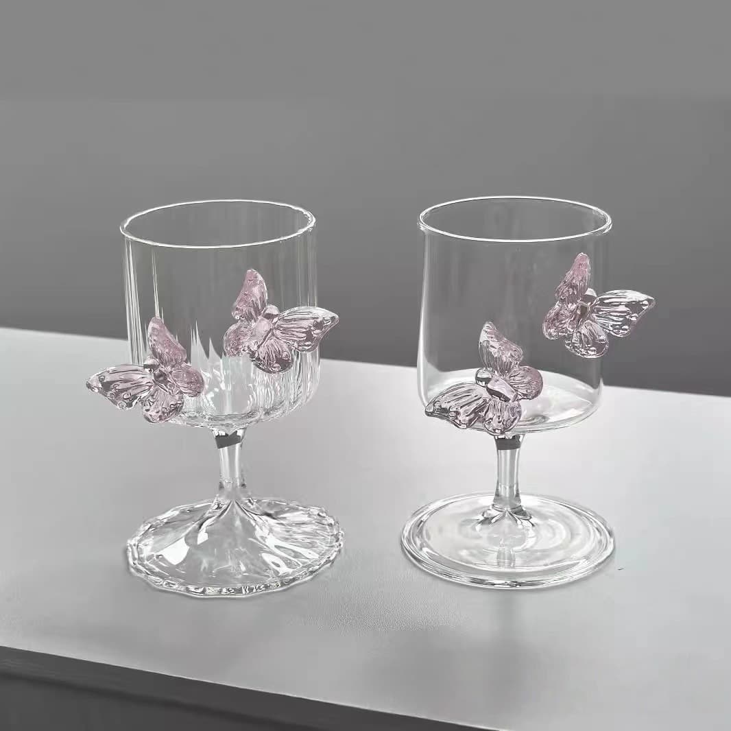 Pink Butterfly Goblet High Borosilicate Glass Heat-Resistant Household Juice Drink Single-Layer Cup Simple Thickened Drinking Cup