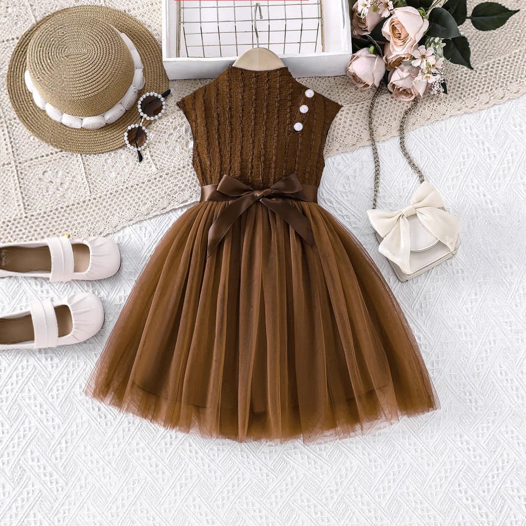 Children's Sleeveless Mesh Dress, Girls' Organza Tutu Skirt with Belt, Birthday Party Dress for Ages 3-8