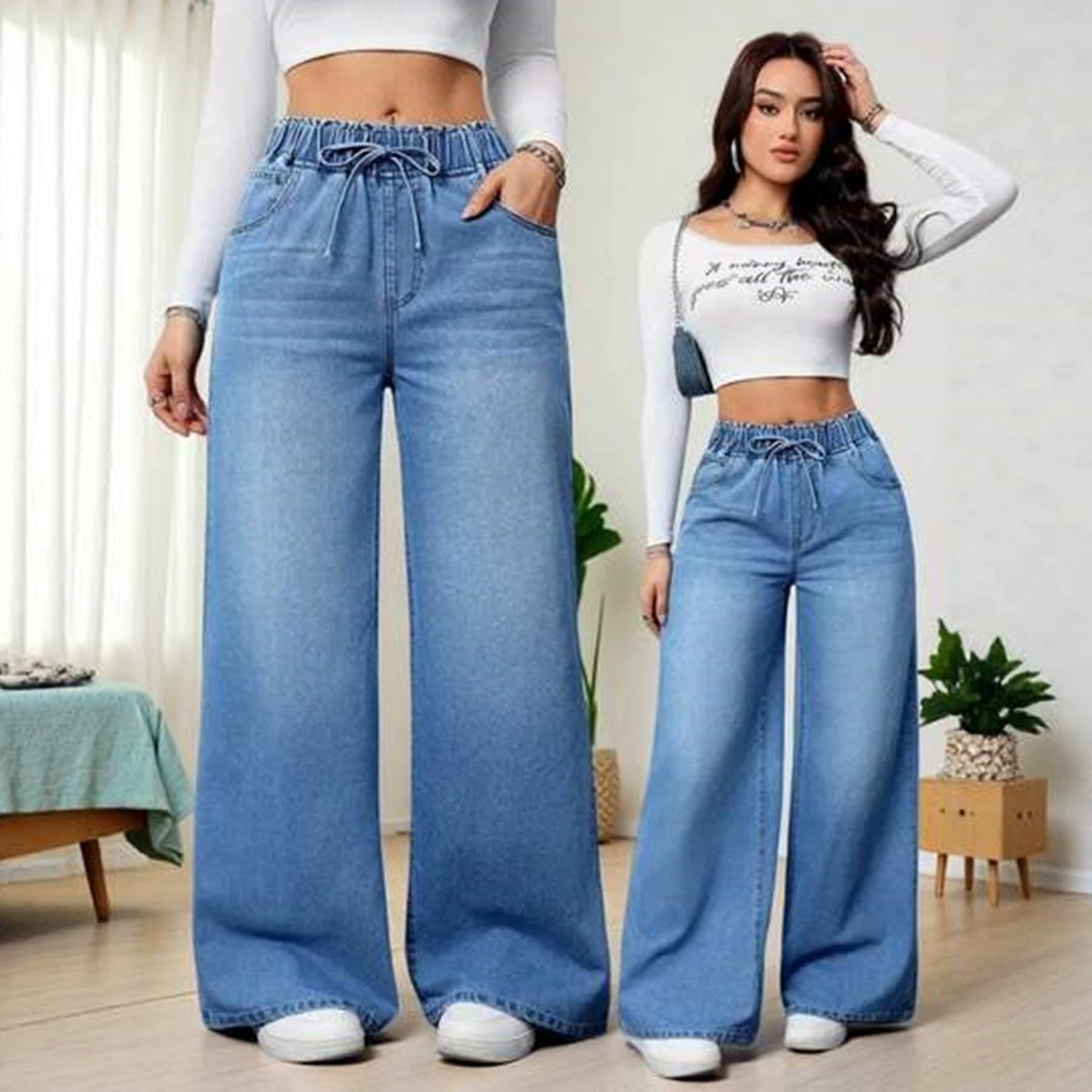Cross-Border Bestseller Deep Stock European and American Trendy Loose Casual High-Waist Elastic Wide-Leg Floor-Length Jeans