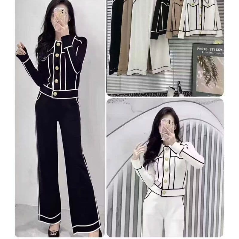 Chanel-style High-Quality Metal Button Contrast Design Lapel Knit Cardigan Jacket + Straight-Leg Long Pants Two-Piece Set