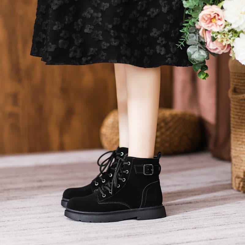 New Women's Martin Boots 2024 British Style Suede Genuine Leather Boots Mid-Heel Flat Ankle Boots Lace-up Genuine Leather Boots
