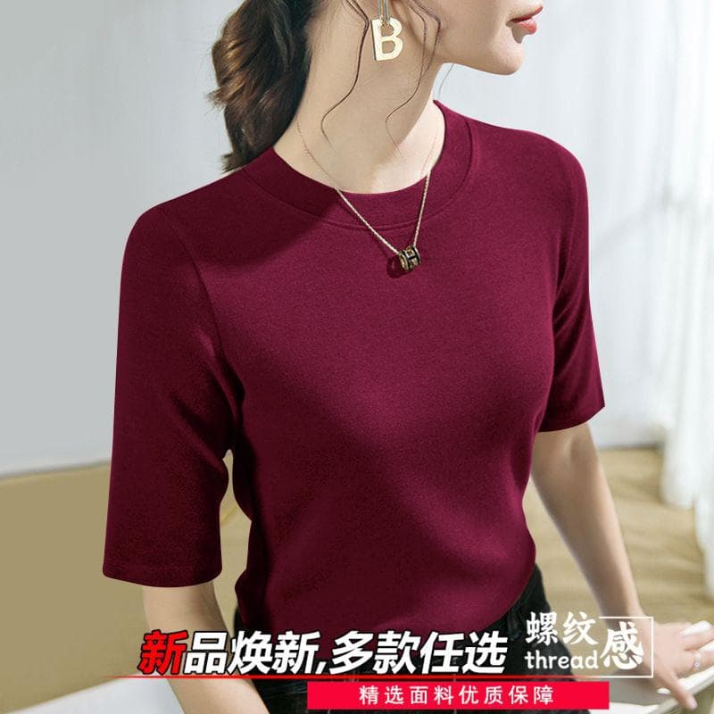 Middle-aged and elderly spring and summer thin versatile tops cool short-sleeved bottoming shirts threaded women's age-reducing temperament summer clothes small shirts