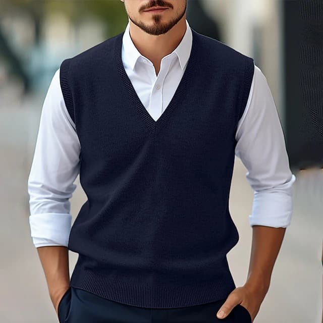 Cross-Border New Men's Sleeveless Sweater Vest Casual Solid Color V-Neck Knitwear Pullover All-Season Vest