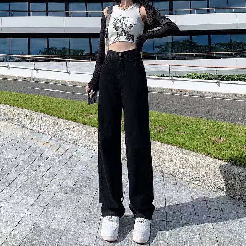 Black wide-leg jeans for women in autumn, loose new style, high-waisted, spring and autumn slimming, straight-leg drapey floor-length pants