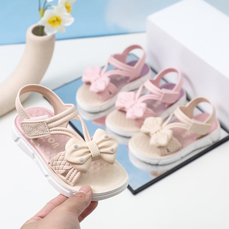 2026 New Girls Cool Bow Open Toe Princess Sandals Anti-Slip Velcro Soft Sole Student Sandals Wholesale