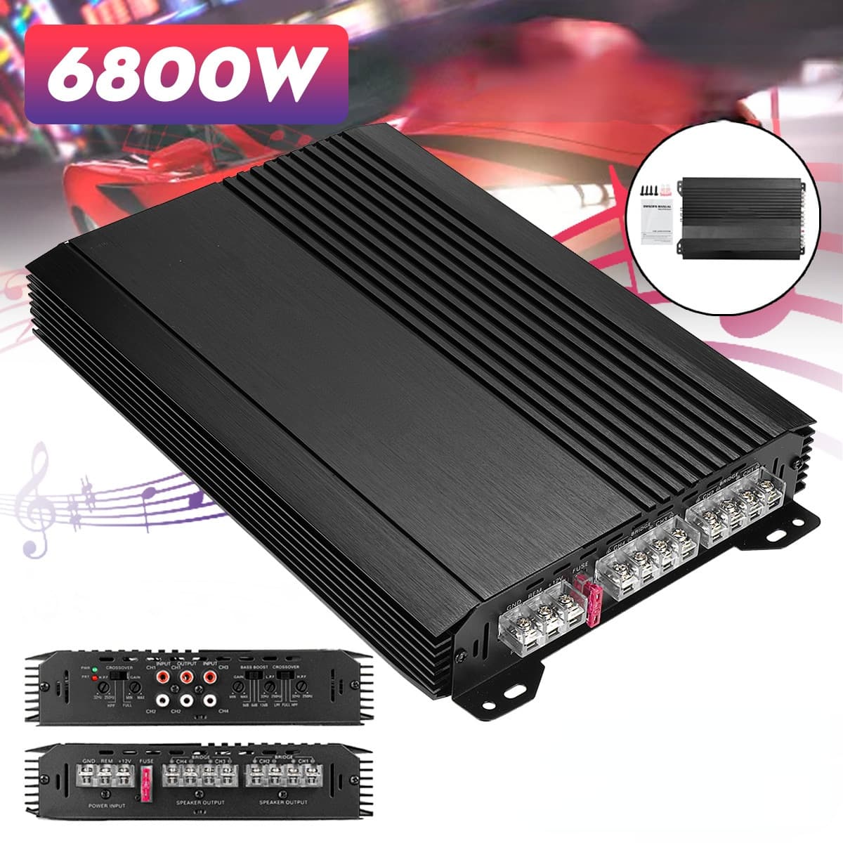 High Power Four-channel Aluminum Alloy Car Audio Amplifier Modification Large Power Amplifier 4-channel Booster Vehicle Speakers