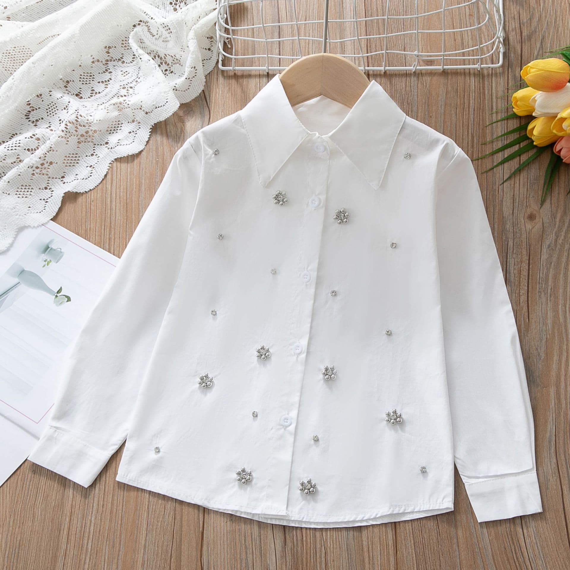 Girls Long Sleeve Shirt 2025 Autumn New Arrival Mid-Large Size Children's Clothing Spring Autumn Pure Cotton White Blouse Student Top
