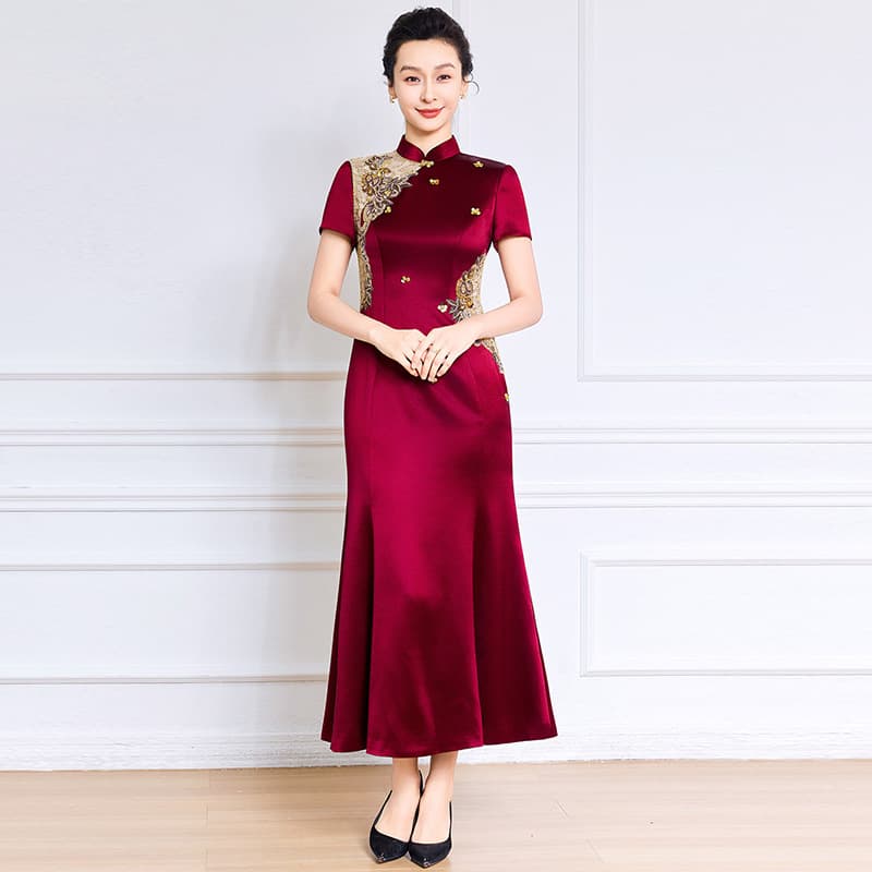 Young Mother of the Bride/Groom Wedding Banquet Acetate Cheongsam Elegant and Graceful Mother's Dress Spring/Fall New Style Wedding Mother Gown