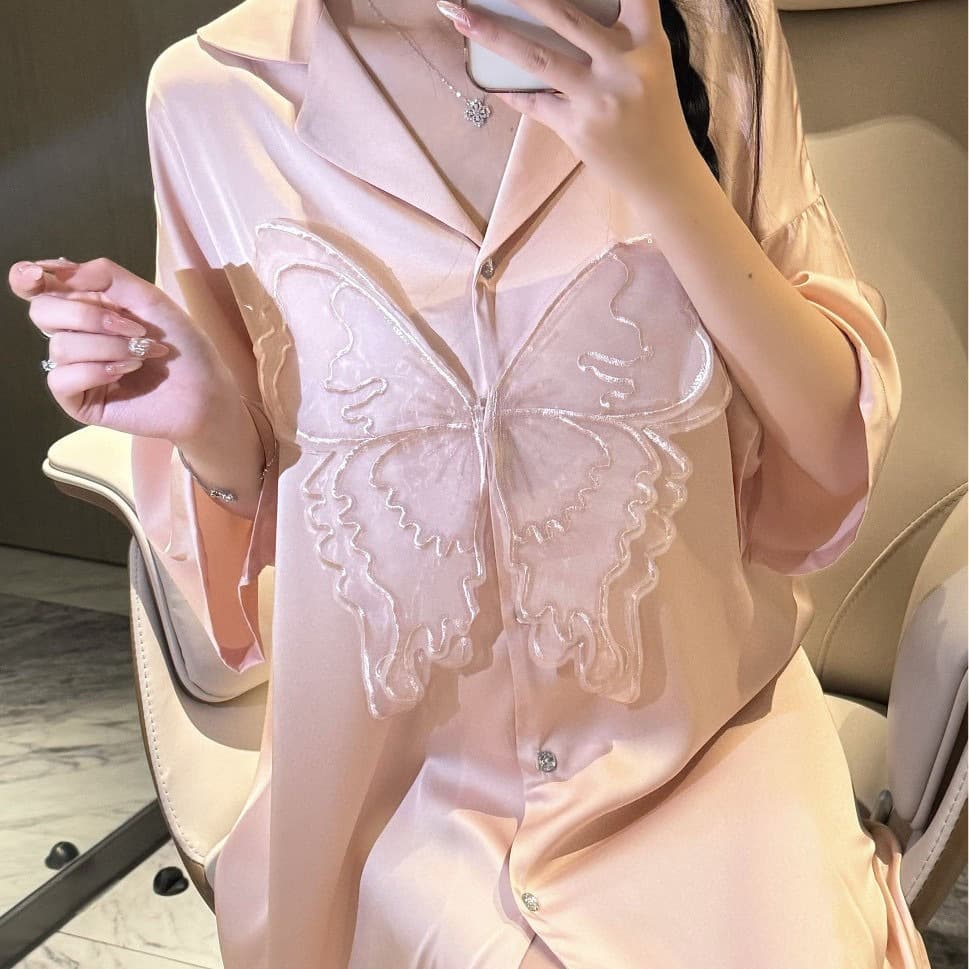 Butterfly Flowing Years Shirt Dress - New Spring/Summer Ice Silk Nightgown, Thin Butterfly Sexy Pure Desire Boyfriend Style Sleepwear