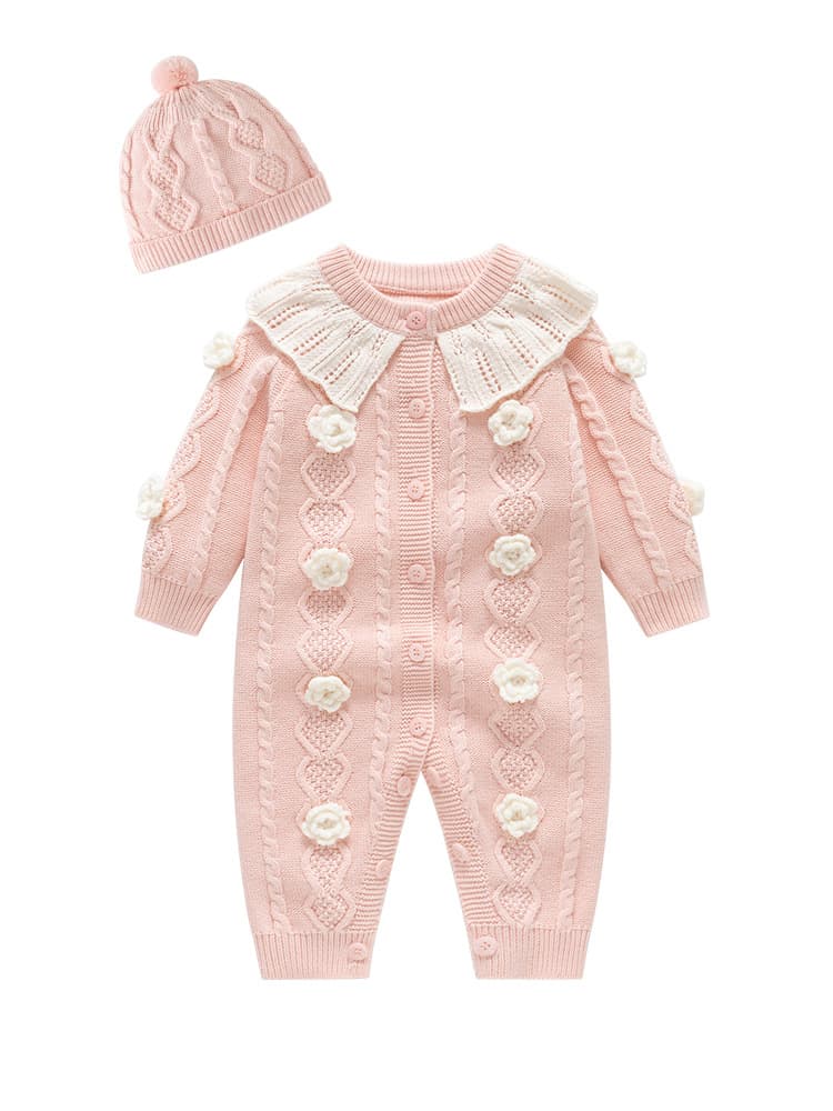 New Autumn/Winter Baby Knit Sweater Romper with Princess Floral Design, Suitable for 100 Days and First Birthday Gifts