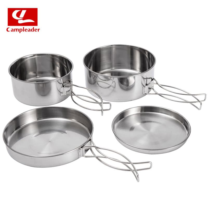 Outdoor Stainless Steel Cookware Set Camping Tableware BBQ Lunch Box Portable Camping Cookware Hiking Pot Bowl Plate 4-Piece Set