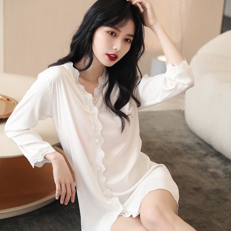 Summer Sexy Silk Pajama Nightgown Women Cardigan Lace Solid Long Sleeve Ice Silk Korean Thin Homewear