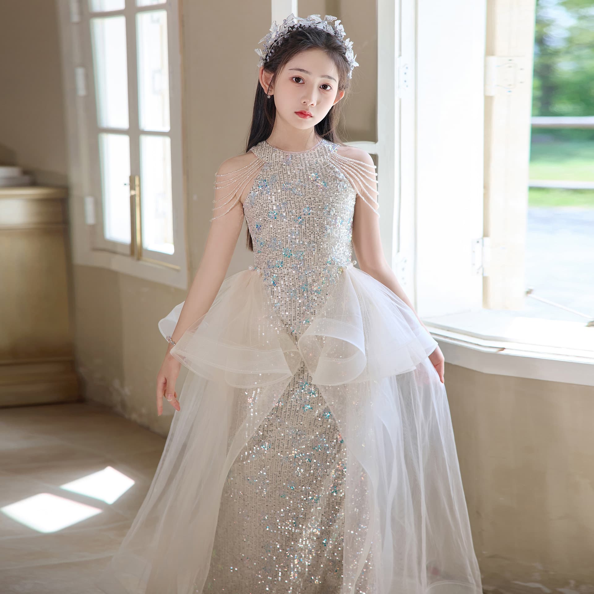 Children's Princess Dress Gown for Girls Host Evening Gown Beautiful Mermaid Fishtail Kids Catwalk Piano Performance Costume