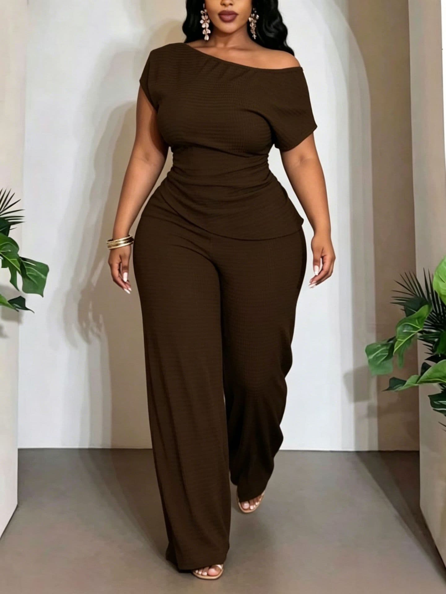Overseas Trade Cross-Border European and American Plus Size Women's Fashion Commuter Round Neck Irregular Hem Top Wide-Leg Long Pants Two-Piece Set
