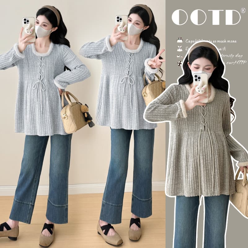 2025 Autumn/Winter Fluffy Square-Neck Babydoll Shirt in Grey and Oatmeal, Southeast Asian Princess Sleeves