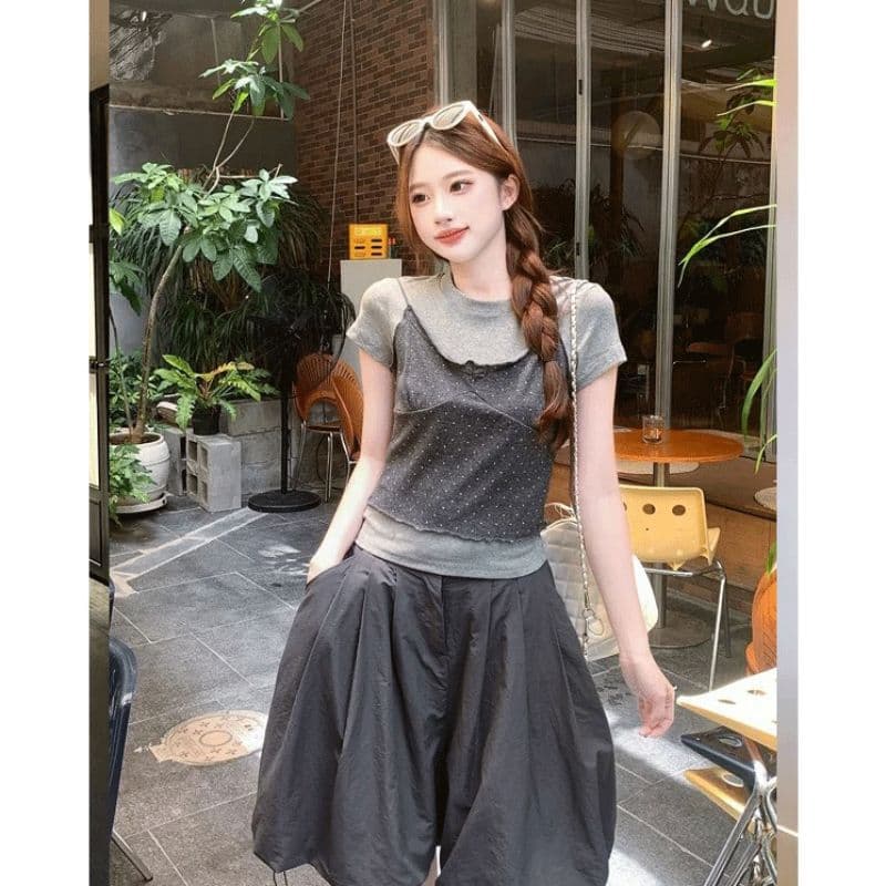 Cross-Border Wholesale Korean Sweet Style Top Set Women Summer Short Sleeve T-Shirt Polka Dot Camisole Two-Piece Set Ins