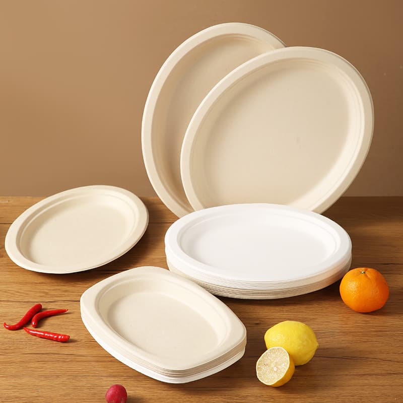 Disposable oval paper plates, biodegradable pulp tableware for fruits, gatherings, barbecues, and paper dish use.